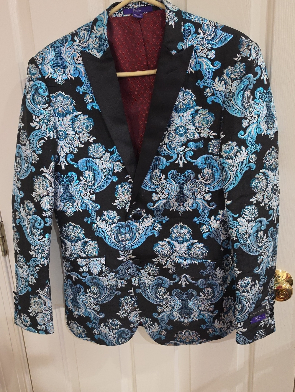 Retro Paris Men Blue Metallic Damask Tuxedo Blazer Jacket Super 180s Slim Fit
